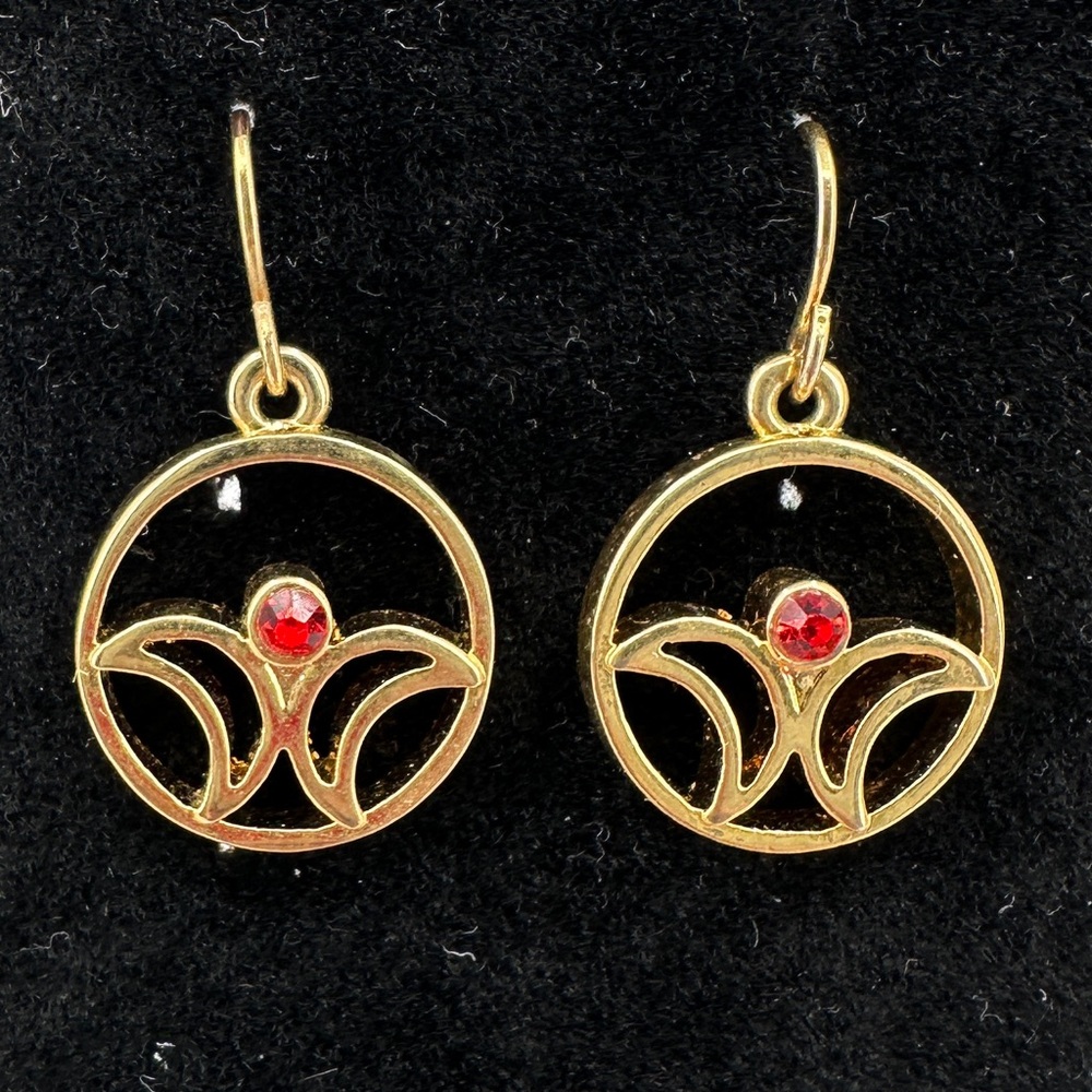 Vintage Gold Tone Red January Rhinestone Butterfly Angel Bird Dangle Earrings